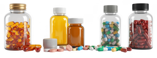 Various medicine bottles and pills isolated on a transparent background