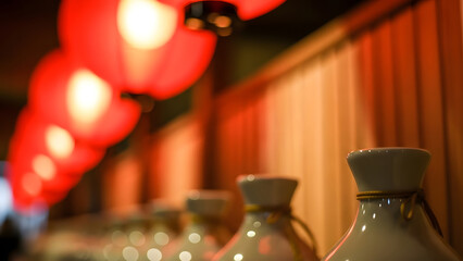 Coming of age day sake bottles and red lanterns