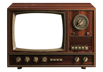 Vintage Television with Blank Screen Mockup In Photoreal Style, Cut Out, Clipping Path, Isolated on a Transparent PNG Background.