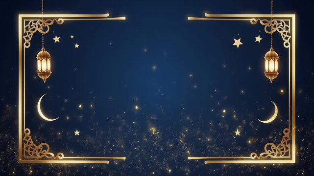 An elegant deep blue background with golden Islamic decorations featuring lanterns moons and stars for a festive celebration template