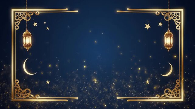 Elegant Golden Islamic Frame with Hanging Lanterns Crescent Moons and Sparkling Stars on a Dark Blue Background