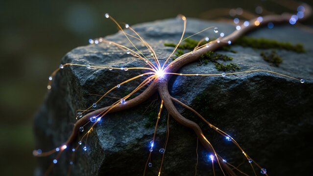 Magical glowing root system emerges from a mossy stone in a mystical forest