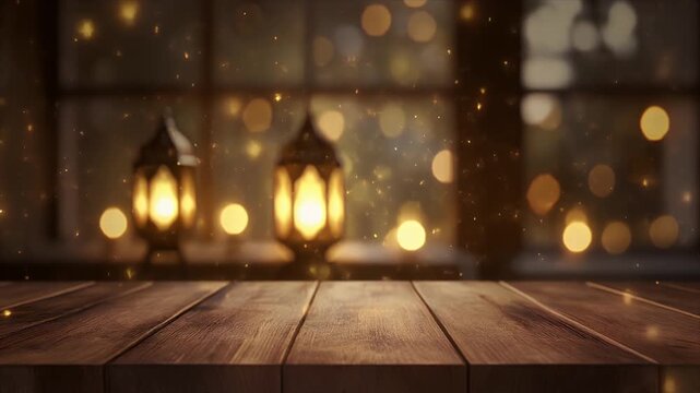 Warm glow of lanterns illuminating a festive night with sparkling bokeh on a rustic wooden table perfect for product display