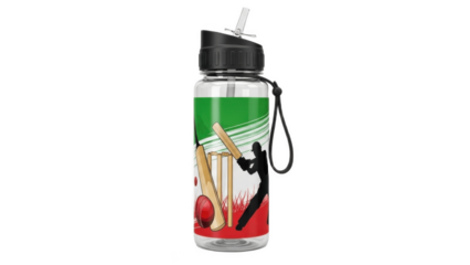 Cricket Theme Sports Water Bottle with Straw Lid, Wrist Strap and Colorful Wicket, Bat and Ball Graphics, Ideal for Hydration at Training, Matches, School, Gym, Outdoor and Travel Use

