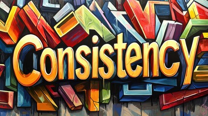Colorful mural displaying the word 'Consistency' on a wall in an urban area during daylight