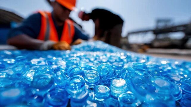 Medium shot of a technician sorting PLA bioplastics at a recycling facility to prepare for sustainable reprocessing into new products
