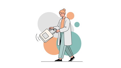 Illustration of a woman using a sewing machine in a minimalistic style with abstract background