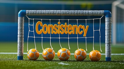 Goalpost with balls and text showing the word consistency on a soccer field during daytime