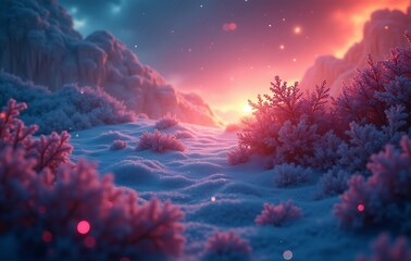 Ethereal Snow Scene with Vibrant Multicolor Sky and Dreamlike Bokeh Particles