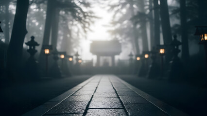 Coming of age day in a forest with a pathway and lanterns