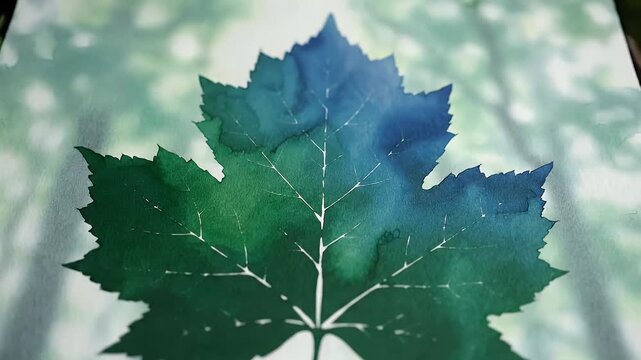 Watercolor maple leaf illustration blending shades of green and blue evoking a serene autumn mood against a soft blurred background for seasonal design projects