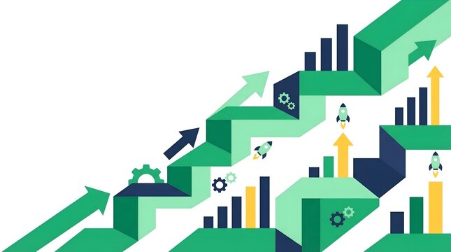 Flat Design Presentation Cover Illustration Showing Business Growth Strategy with Rising Arrows and Geometric Stairs