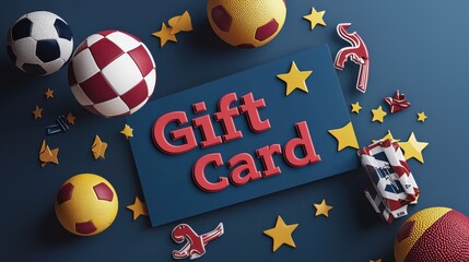 Gift card surrounded by sports balls and stars on a blue background in a simple layout for a fun design concept