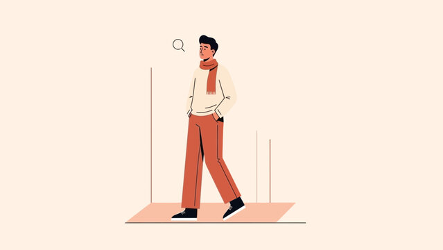 Stylish young man walking with hands in pockets wearing casual outfit and scarf on a minimal