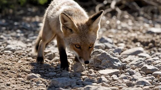 San Joaquin Kit Fox Walks Carefully on Rocky Desert Terrain
