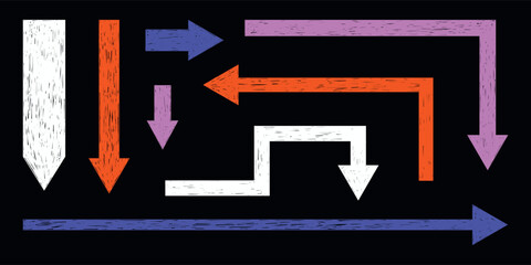 Hand drawn crayon movement arrow collection. Grunge squiggly arrow set. Pencil chalk lines sketch. Color brush scribble element set. Doodle vector illustration.