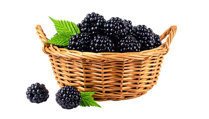 Fresh blackberry with leaf in woven basket on white Background