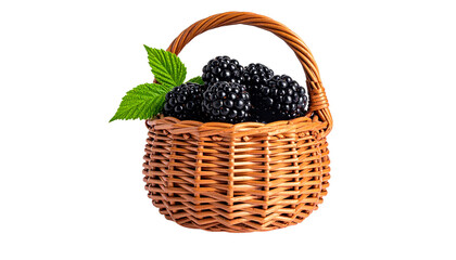 Fresh blackberry with leaf in woven basket on white Background
