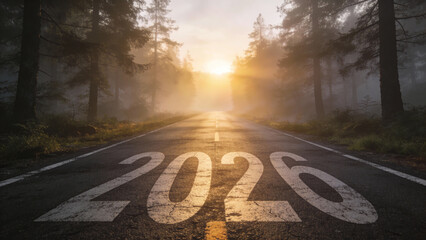 New year 2026 or start straight concept. word 2026 written on the road in the middle of asphalt road at sunrise. Concept of planning and new opportunities