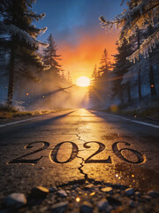 driving on the road to success - 2026 year number on the highway, sunrise or sunset in the new year
