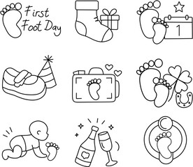 First foot day icon set featuring baby steps and celebration symbols. Minimalist outline vector design