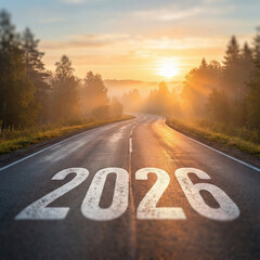 Looking ahead to 2026: A road to future vision. The image features the road towards 2026 with a beautiful sunrise sky and mountains in background.