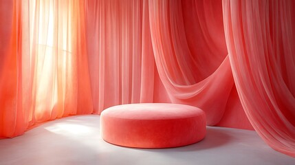A plush pink round ottoman sits in a sunlit corner framed by flowing peach and coral curtains