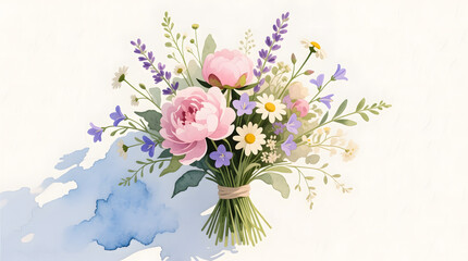 Fototapeta premium Charming rustic wildflower bridal bouquet hand-painted with loose watercolor strokes and soft pastel tones.