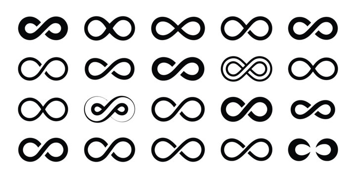 Infinity icon set, infinity eternity infinite endless loop symbols, unlimited infinity collection icons, flat style, illustrating endless concepts, eternal loops, limitless vector graphics 