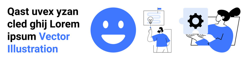 Fototapeta premium Teamwork, creativity, project management, technology, communication, collaboration. Blue happy face and figures holding a gear and documents. Teamwork and creativity concept