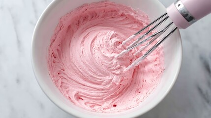 Whisking Pink Cream in a Bowl / ボウルでピンクのクリームを混ぜる様子