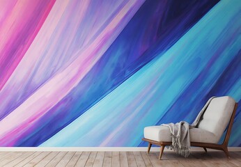 Dynamic Abstract Paint Texture Wall Art with Vibrant Purple Fuchsia Gradient and Wood Floor