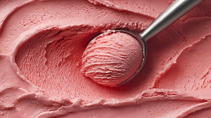 Pink Strawberry Ice Cream with Metal Scoop / ピンクのストロベリーアイスクリームをすくう金属製スクープ