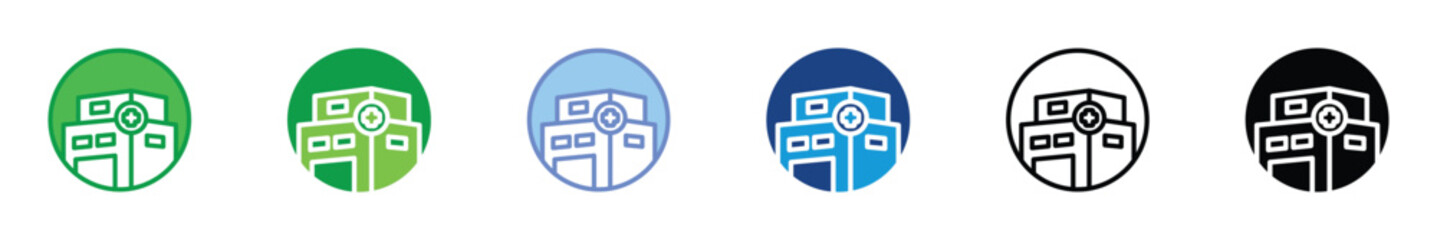 Hospital Building Icon Set in Multiple Styles and Colors &ndash; Medical Center, Healthcare Facility, Clinic Symbol for UI, App, and Web Design