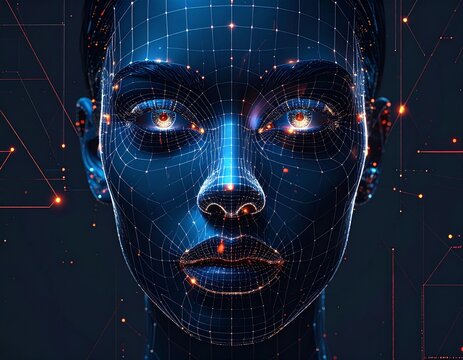 Futuristic digital avatar of a woman's face created with glowing blue lines and dots, representing artificial intelligence and technology - Powered by Adobe