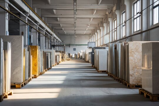 Rows of granite slabs stored in a spacious industrial warehouse with metal racks and a concrete floor