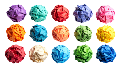 Colorful crumpled paper spheres isolated on white background