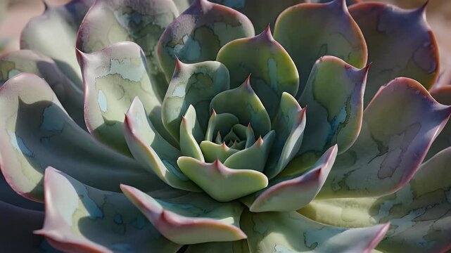 Close-up of a vibrant succulent plant with intricate rosette patterns thriving in a desert landscape under soft warm lighting showcasing resilience and natural beauty