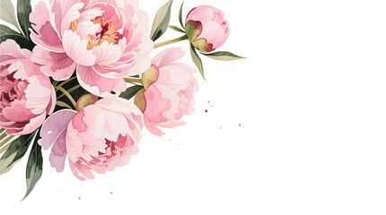 Elegant top-left corner arrangement of pink peonies, hand-painted in a realistic watercolor style.