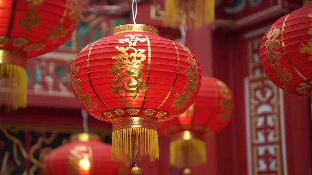 Vibrant Red Hanging Chinese Lanterns with Intricate Gold Patterns and Tassels &ndash; Traditional Oriental Decorations for Festive Cultural Celebrations and Lunar New Year
