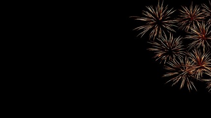 Fototapeta premium Golden fireworks of various shapes light up the night on the right, used for New Year's Eve celebrations and festive activities, serving as an advertising banner and social media promotional design.