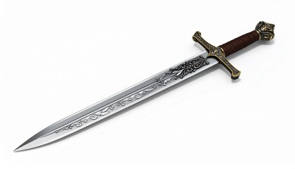 Intricately Detailed Fantasy Longsword with Ornate Engravings and Leather Wrapped Hilt Isolated on White