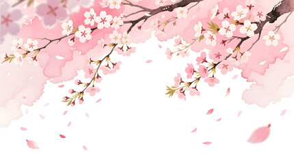 Fototapeta premium Romantic cherry blossom arch with falling sakura petals, hand-painted in soft pink watercolor.