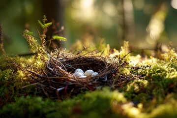 Obraz premium Serene nature moment featuring white eggs in a cozy nest with warm tones