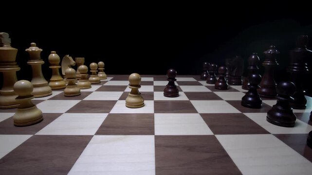 Low-angle view of a chessboard white pieces on the left, black on the right mid-game awaiting duel!