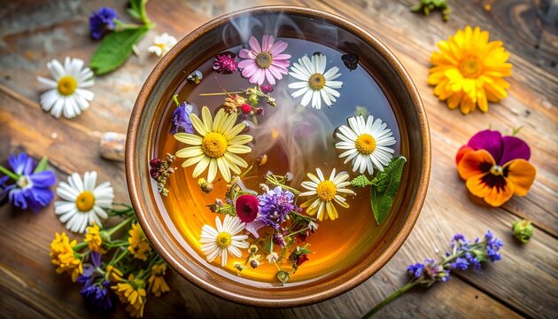 Hands holding wooden bowl with floating colorful flowers on rustic table, serene and natural beauty. - Powered by Adobe