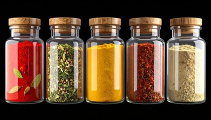 Four spice jars with wooden lids on dark background, vibrant contents: white, red, yellow, green.