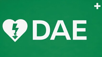 Green sign with white dae symbol and text indicating automated external defibrillator availability