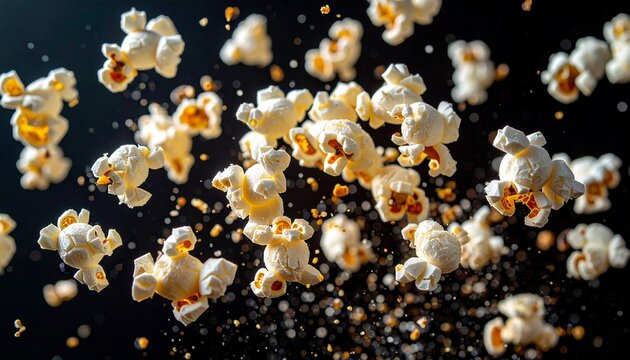 Popped popcorn kernels mid-air with steam and particles, dark background, dynamic high-speed capture.