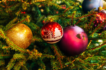Christmas decorations on pine tree